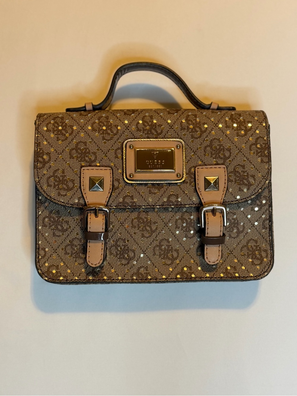 Guess Brown 4G Monogram Convertible Crossbody Mini Satchel with Gold Studs EUC